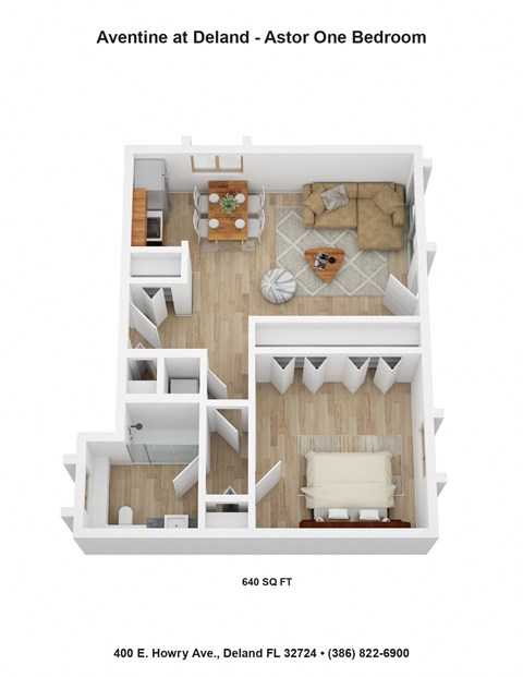 Floor plan for 1 bed, 1 bath, 640 sqft